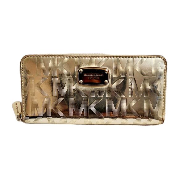 MICHAEL KORS JET SET METALLIC CONTINENTAL ZIP AROUND MK LOGO WALLET - Picture 7 of 10